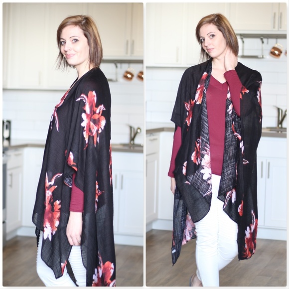 Floral Print Kimono Shawl-Black - Picture 2 of 5